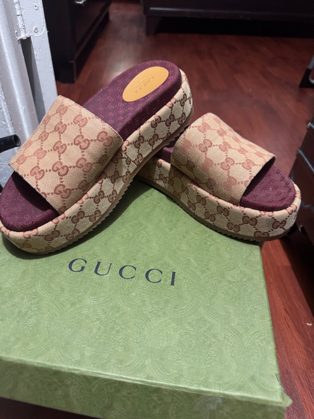 Gucci Monogram Platform Slide Sandals in Beige with Burgundy Footbed